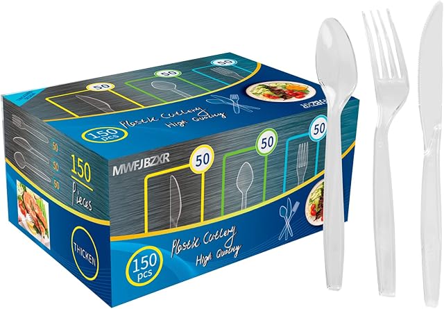 150 Pieces Reusable Plastic Cutlery Set,BPA Free,Passed LFGB Food Safety Test,50 Forks,Knives and Plastic Spoons,for Family Gatherings,Outdoor Dinner (Transparent)