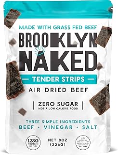Brooklyn Naked Tender Strips - (8 oz, Pack of 1) – Chewy Air Dried Grass Fed Protein Snacks – Sugar Free Beef Jerky Alternative – Organic Beef Snacks – Whole 30 Approved Foods, AIP, Paleo, Keto, Carnivore Friendly & Gluten Free