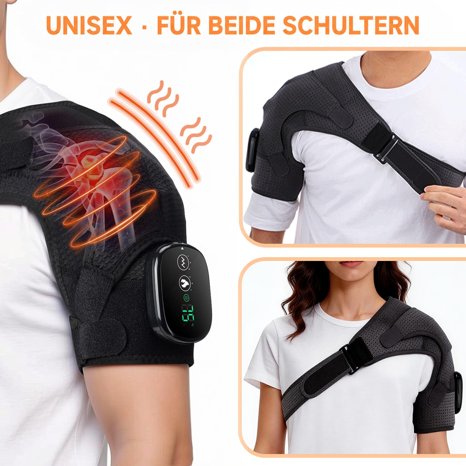 schulter massagegerät mit Wärme & Vibration, Kabellose Beheizte Schulterstütze mit 5000mAh Akku, 3 Heizstufen und 3 Vibrationsmodi, Verstellbare Schulterbandage für Männer Frauen Links/Rechts Schulter