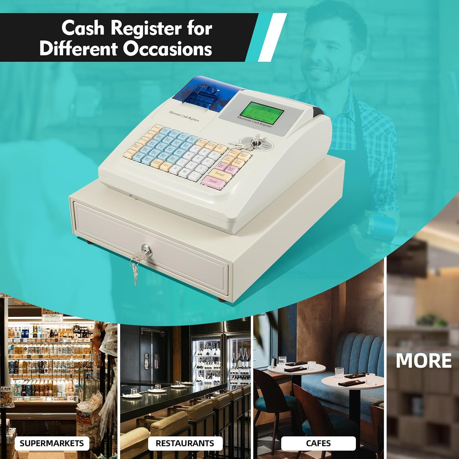 Caja Registradora Electrónica De 48 Teclas para Pequeños Negocios, Sistema Tpv con Pantalla Led, Caja Registradora Multifuncional para Cafeterías, Panaderías, Librerías, Fácil De Usar.
