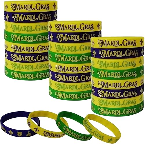 Paquete de 48 pulseras de goma para recuerdos de fiesta de Mardi Gras, suministros de fiesta de cumpleaños de carnaval, decoraciones de bolsas de