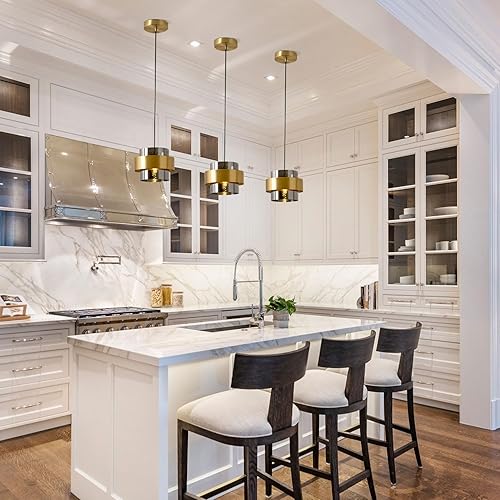 Miniatura 3 de Luces colgantes doradas para isla de cocina, paquete de 2 lámparas colgantes de techo de latón con pantalla de vidrio gris ahumado, lámpara moderna