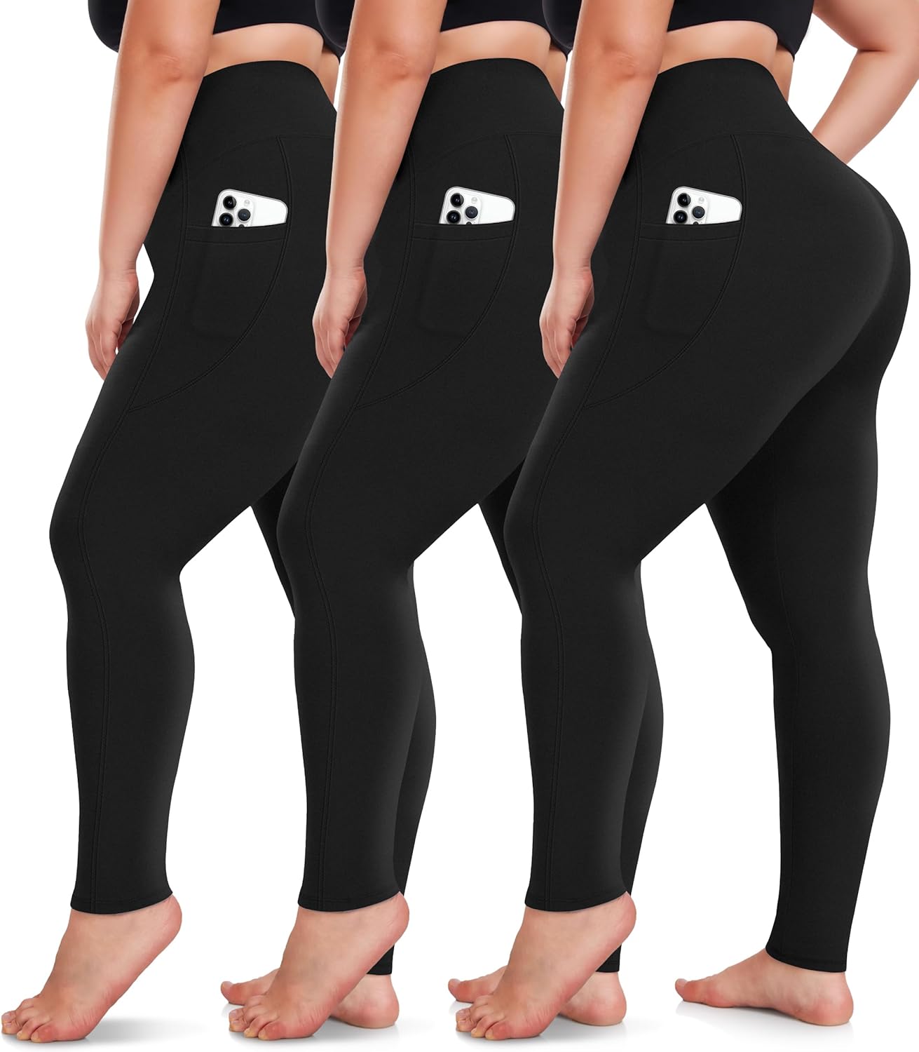XL - NEW YOUNG 3 Pack Plus Size Leggings with Pockets for Women,High Waist Tummy Control Workout Yoga Pants X-Large Plus 1-black/Black/Black