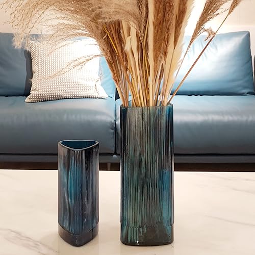 VROOMIUM Vases for Flowers Set of 2 - 11 Large and 7 Small Green Glass Vase for Pampas Unique Triangles Decorative Vase for Centerpieces Floreros