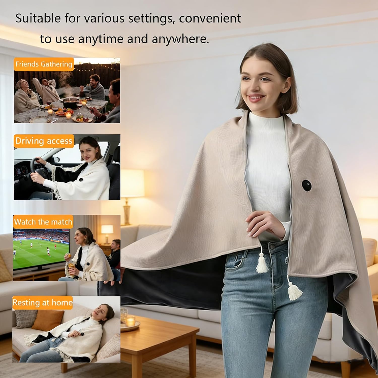 USB Portable Heated Blanket Shawl, Battery Operated Heated Shawl Cordless with 3 Fast Heating Levels, Suitable for Outdoor Camping, Home, Warming Shawl Wraps for Women (Battery not Included) - Image 5