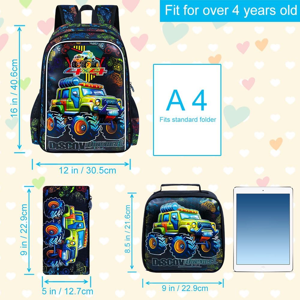 AGSDON 3PCS Kids Backpack for Boys, Trucks Bookbag with Lunch Box for Kids 6-8 Preschool Kindergarten Elementary - Image 4