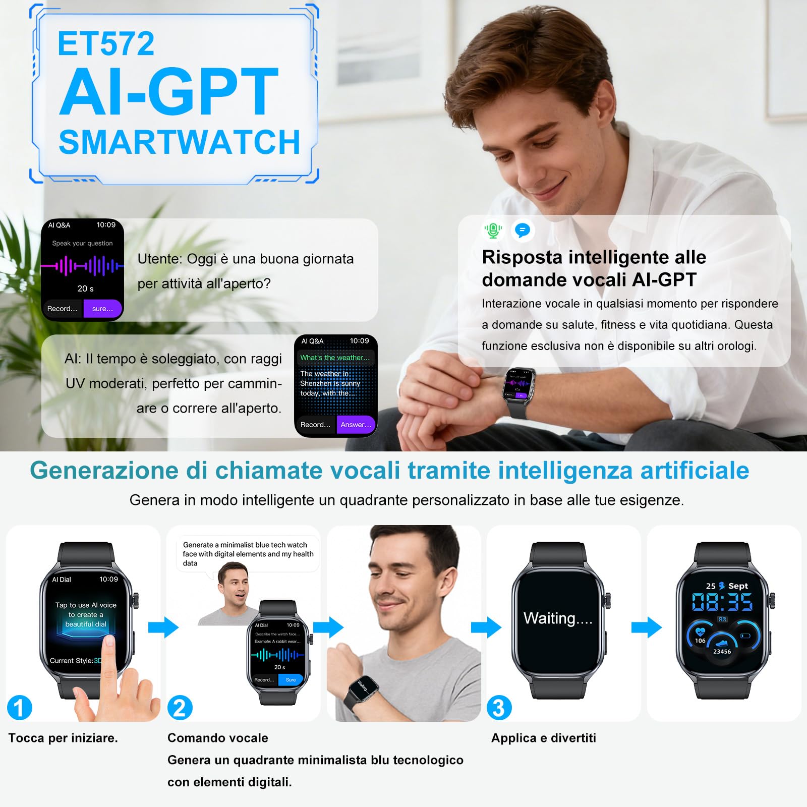 2026 AI GPT Smartwatch ECG uomo donna 2"Orologio con Q&A Assistente AI | Pressione Sanguigna,HRV,SpO2,Sonno,Cardiofrequenzimetro,BMI,IP68+Drenaggio Acqua,150+Sportive,Torcia,Telefono,SOS,per anziano