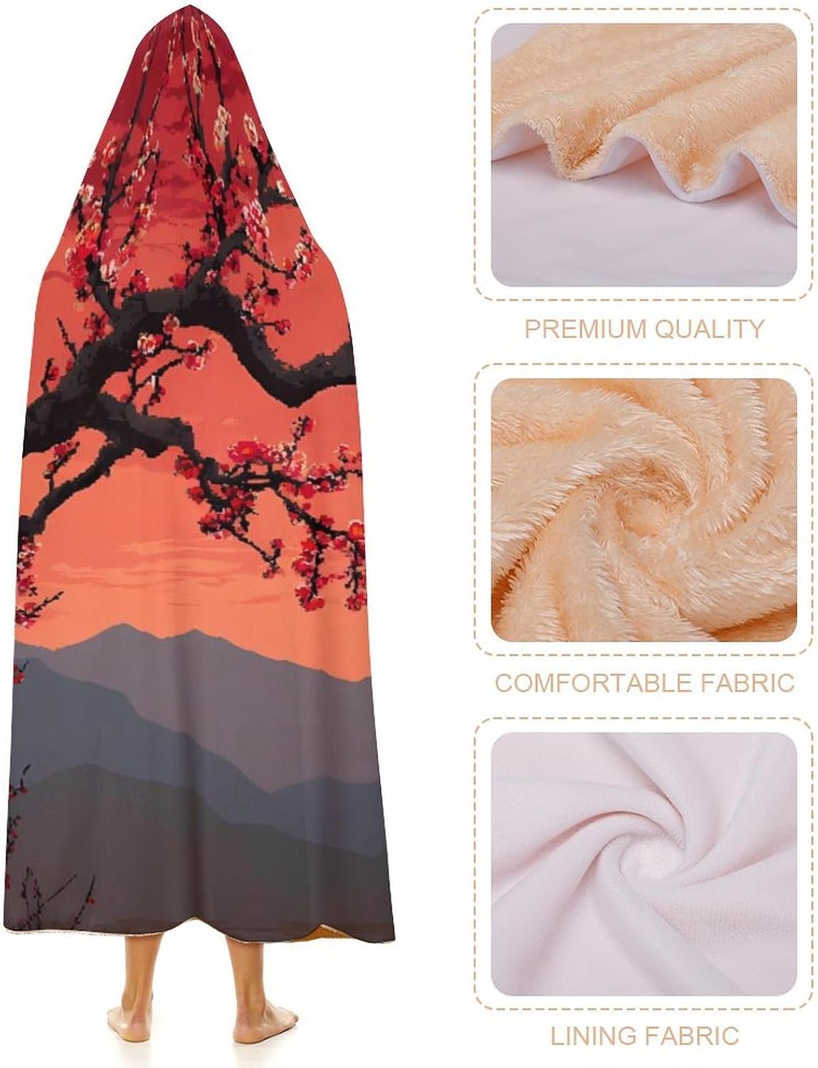 Plum Tree Floral Wearable Blanket Oversized Throw Cape | Cozy Hooded Blanket Gifts for Women Men