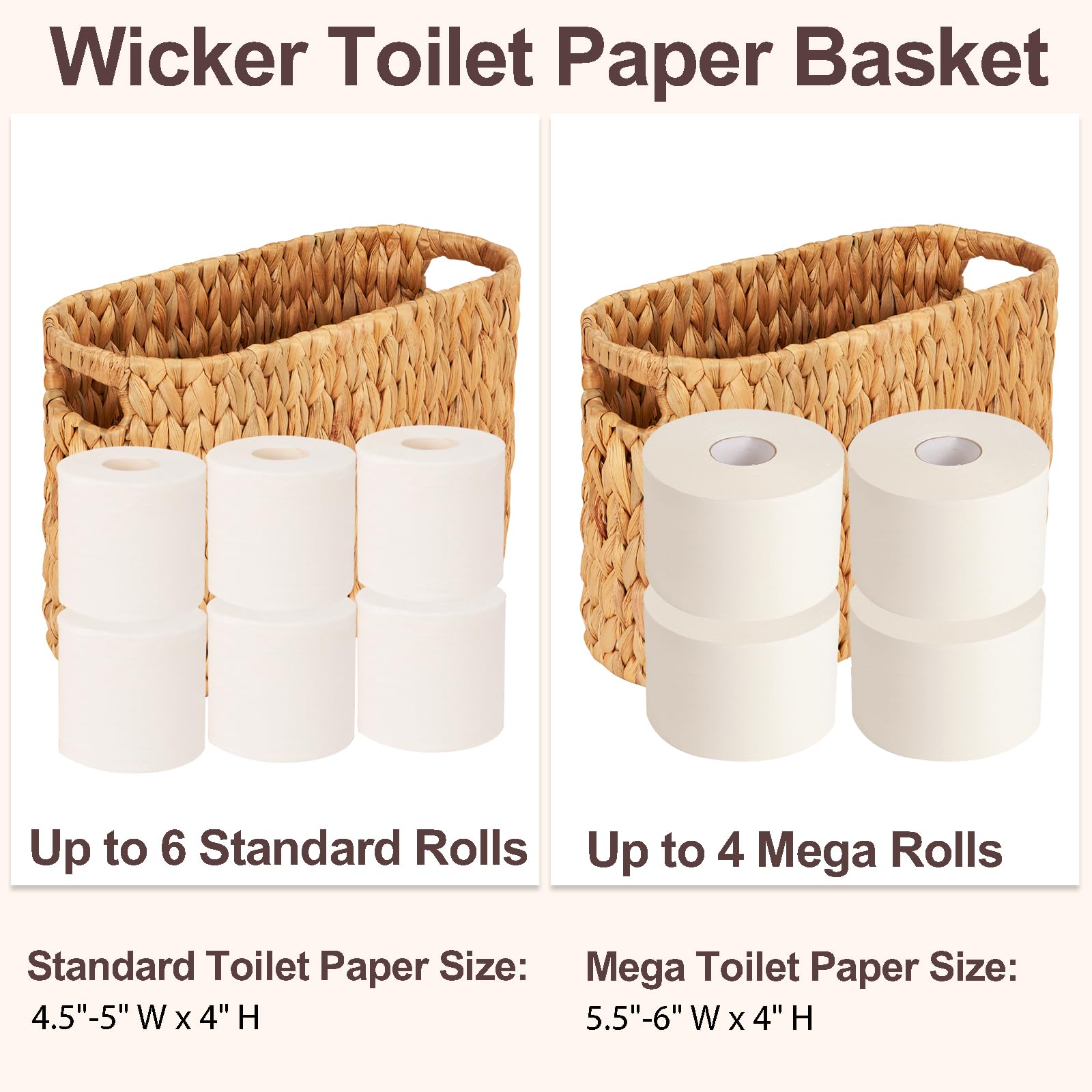 Cesta de almacenamiento de papel higiénico de mimbre con asas integradas, 6 rollos de papel higiénico de jacinto de agua natural con almacenamiento, cesta de papel higiénico tejida a mano 3