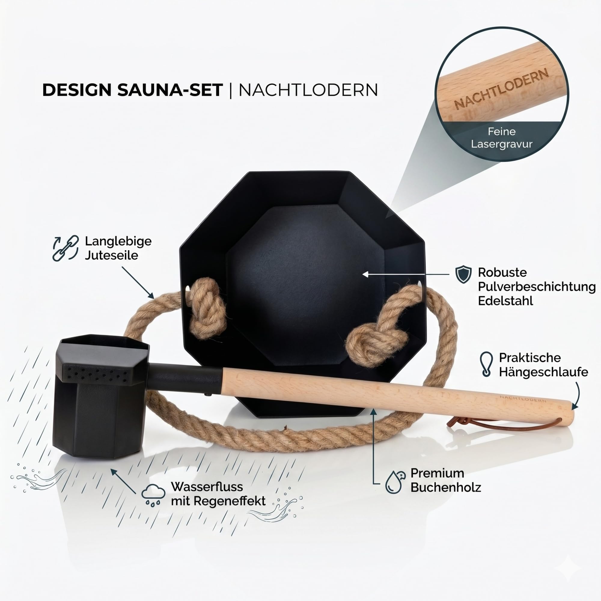 Sauna Eimer und Kelle mit Regeneffekt – Edelstahl Saunaeimer im Oktagon-Design & Saunakelle mit Regen-Funktion – Modernes Saunazubehör & Aufgusseimer Set für den perfekten Sauna Aufguss