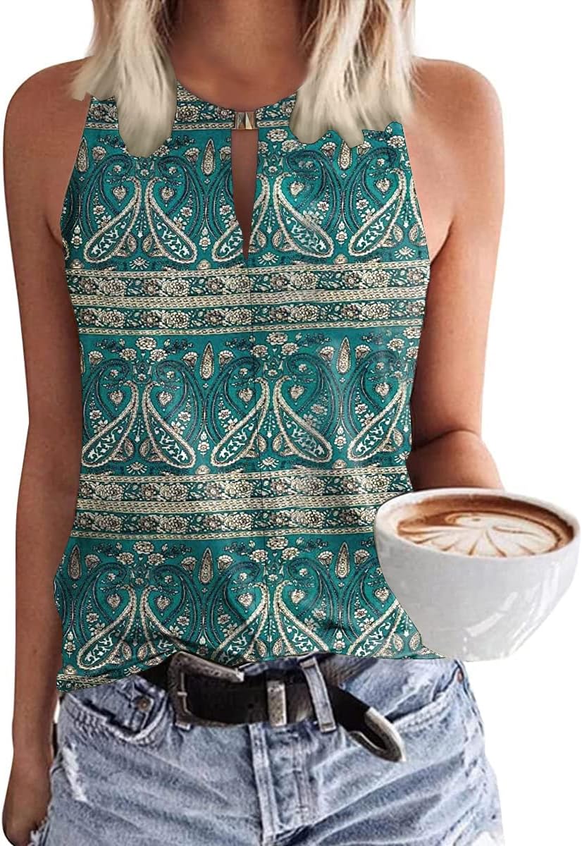 Soesdemo Tank Top for Women Keyhole V Neck Sleeveless Summer Casual Loose Fit Business Cute Floral Basic Shirt Blouse