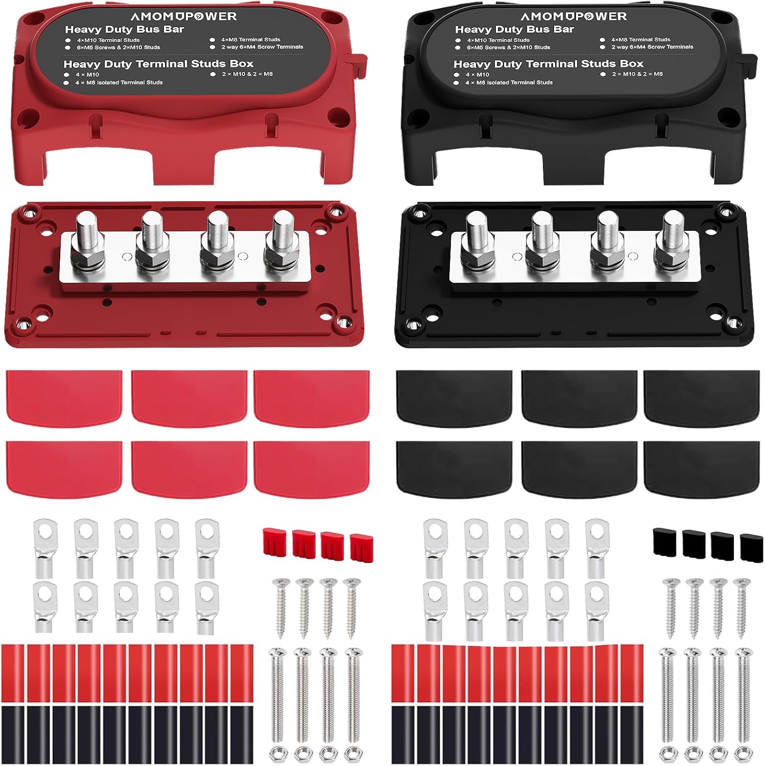 2Pcs 300A Busbar 12-48V DC Heavy Duty Copper Power Distribution Block 4 X M8 (5/16") Terminals Studs 8 Srews with Waterproof Cover Battery Bus Bar for Automotive RV Marine Truck(Black&Red)