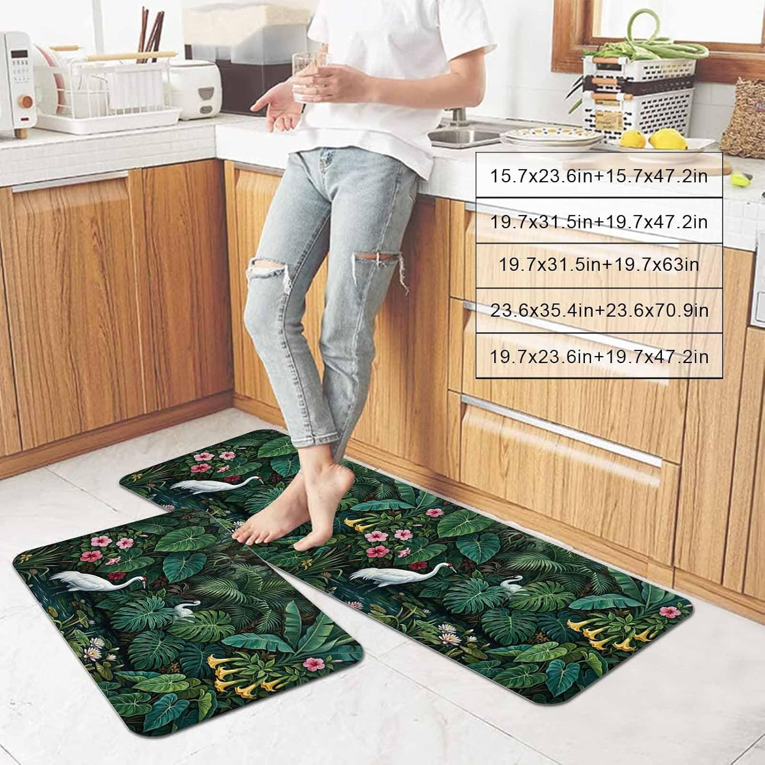 Tropical Forest Ibis Kitchen Mat Set 2 Pieces Watercolor Pond Pink Lotus Flowers Green Lotus Leaf Non Slip Kitchen Rugs Washable Runner Rug Mats for Sink Laundry (19.7" x 31.5"+19.7" x 47.2")