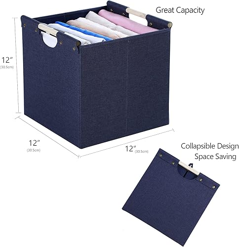 Miniatura 6 de HOONEX Contenedores de almacenamiento plegables, cubos de almacenamiento de tela de lino de 12 x 12 x 12 pulgadas, paquete de 3, cestas de