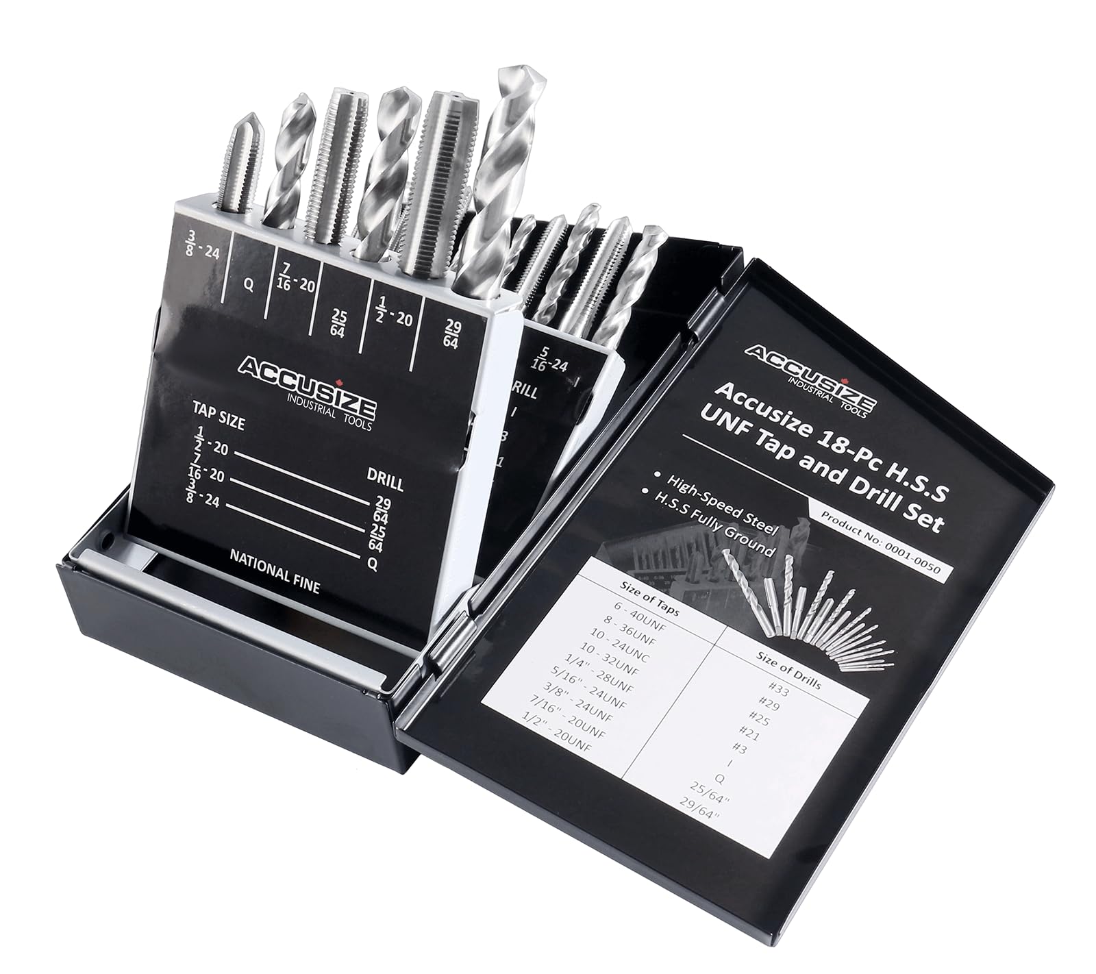 accusize – 18 pcs/Set h.s.s. Tap & Drill Set, UNF en caja de metal, 0001 – 0050