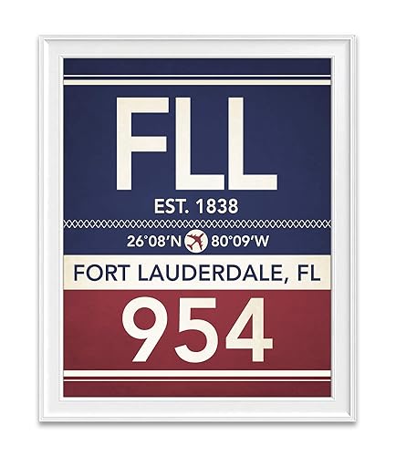 Fort Lauderdale Florida FLL 954 754 Vintage Airport Area Code Map Coordinates Subway Art Print, Unframed, Customized Colors, Christmas -