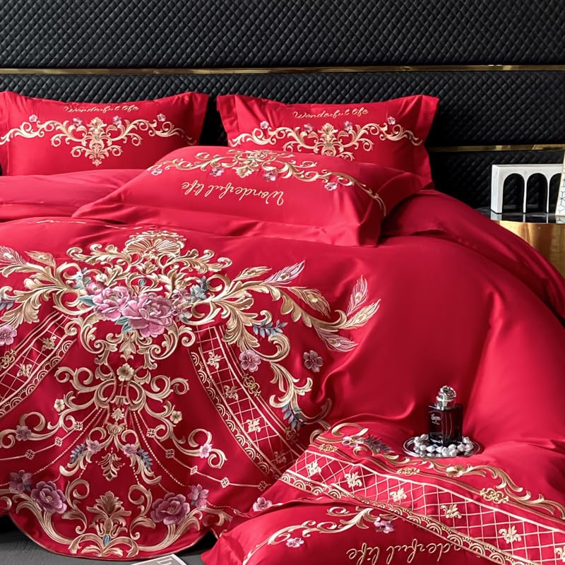 Image of JJ's Imported Skin Friendly Pure Washed Cotton Heavy & Beautifully Embroidered Wedding Style 5 Pcs King Size Double Bed Luxury Bridal Bedding Set with Heavy Comforter /Quilt (RED 3)