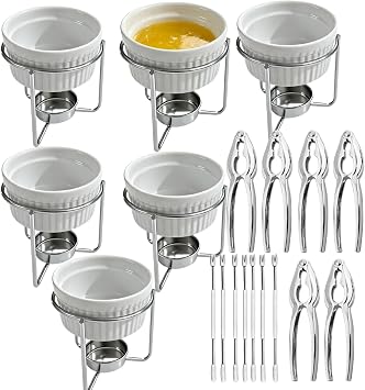 Seafood Butter Warmers, 19-Piece Butter Warmer Set Ceramic & Metal Heat-Resistant Melting Pots, Includes 6 Lobster Shellers & 7 Picks, Professional Crab Crackers and ToolsCandle Not Included