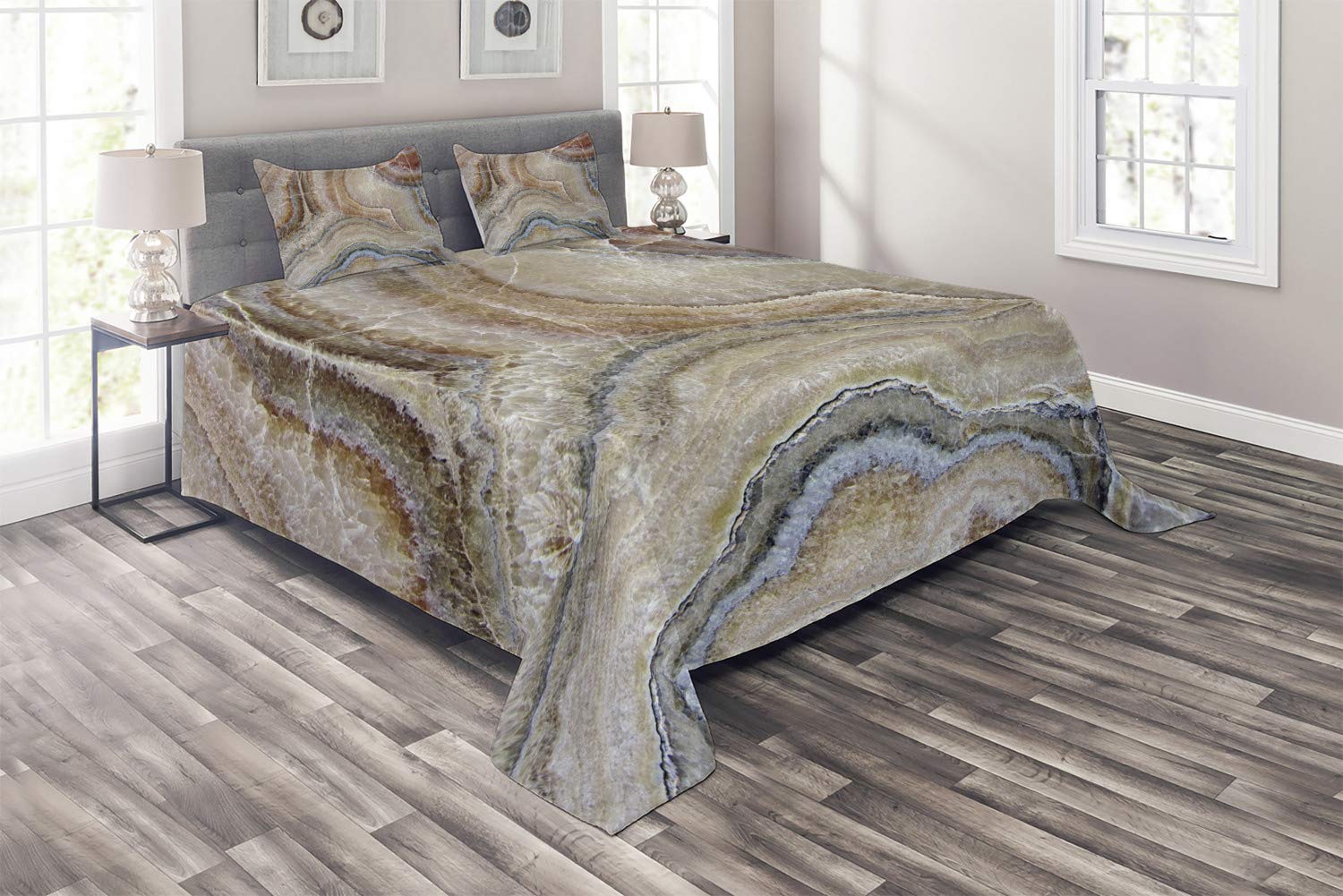 Ambesonne Marble Coverlet, Surreal Onyx Stone Surface Pattern Pale Blue Details Picture, 3 Piece Decorative Quilted Bedspread Set with 2 Pillow Shams, Queen Size, Cinnamon Beige Tan