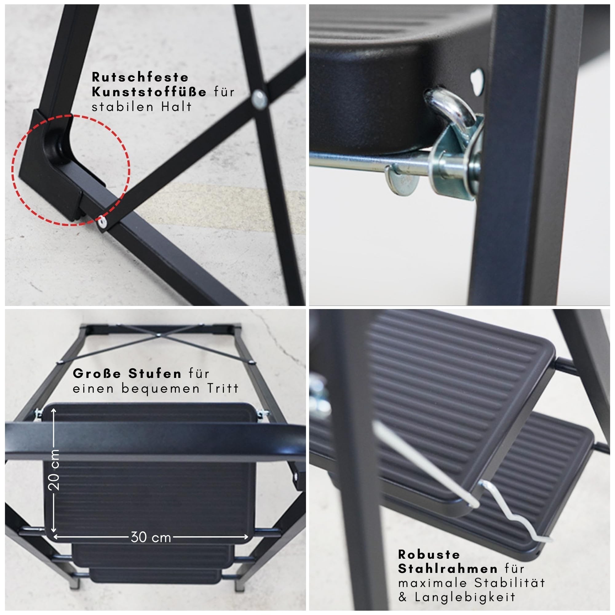 PROREGAL Trittleiter mit 3 Stufen TÜV extra breitem Anti-Rutsch-Tritt aus Leichtmetall, 5 kg leicht, klappbar Klappsicherung, bis 150 kg, schwarz, Leiter Klappleiter Haushaltsleiter Klapptritt
