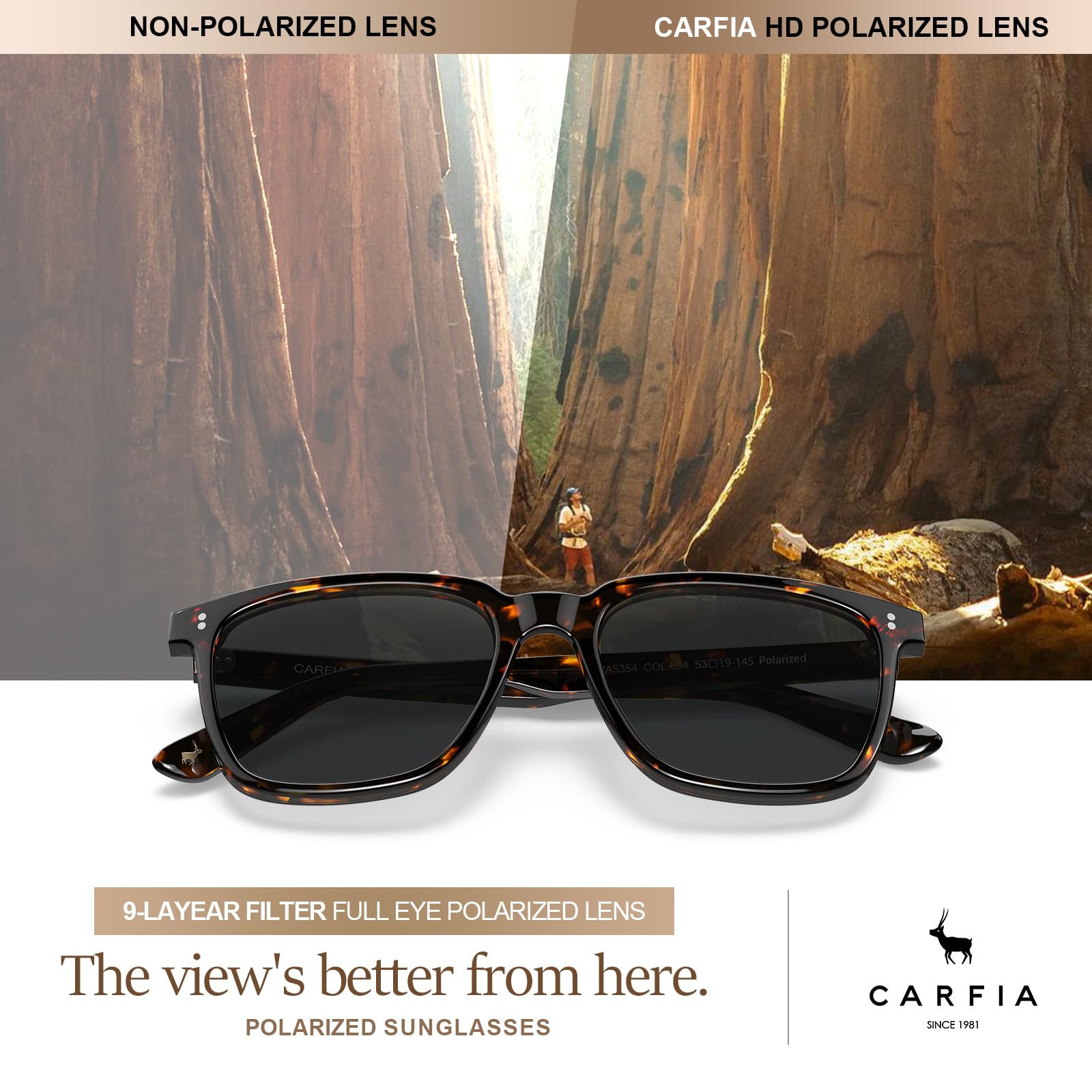 CARFIA Polarisierte Sonnenbrille Herren Für Autofahren Rechteckig Acetat Rahmen Retro UV400 Schutz Angeln Golf CA5354L | UV400-Schutz, Retro-Stil für Golf, Fahren im Freien