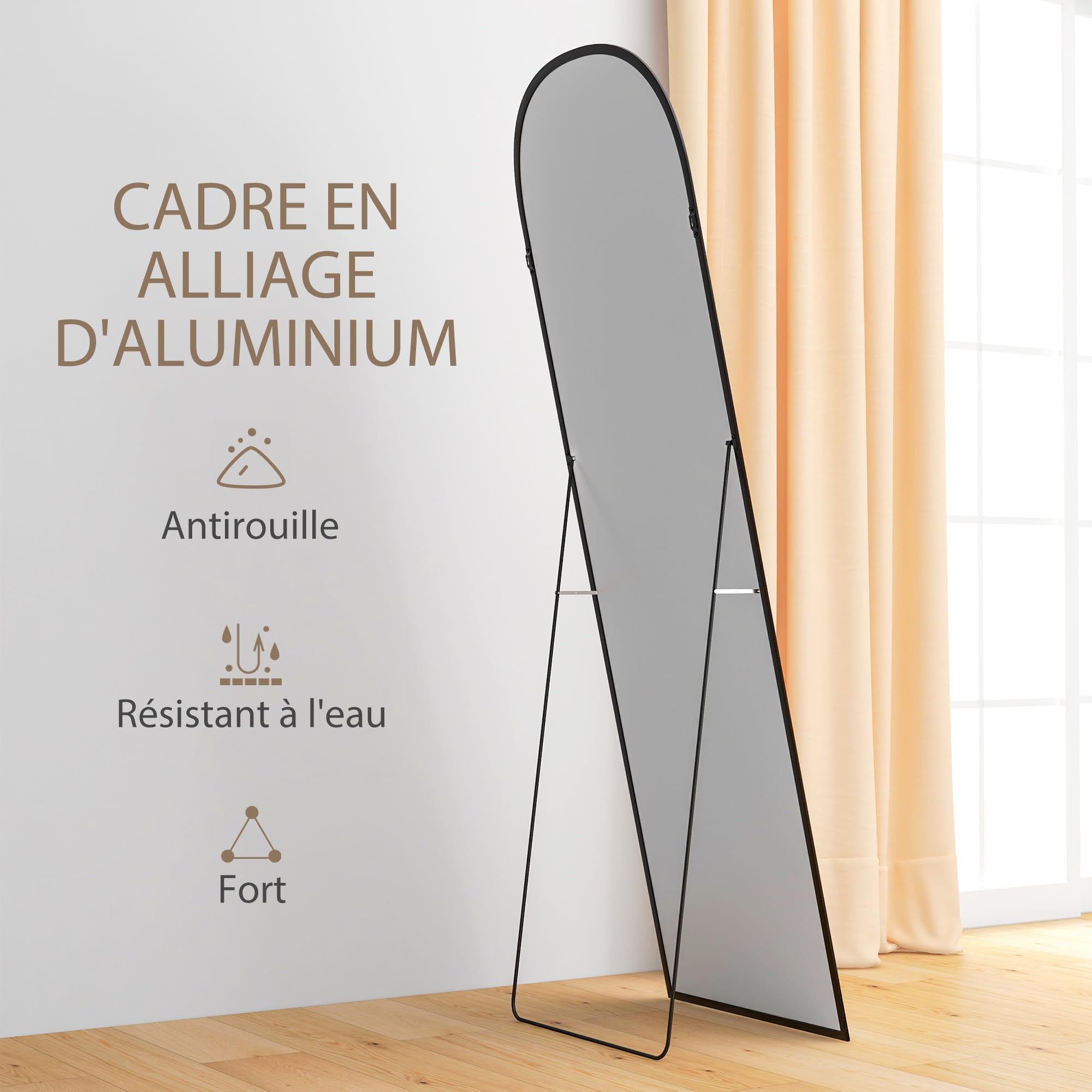 HOMCOM Miroir sur Pied Mural Rectangulaire Cadre Aluminium 50 x 161,5 cm Noir