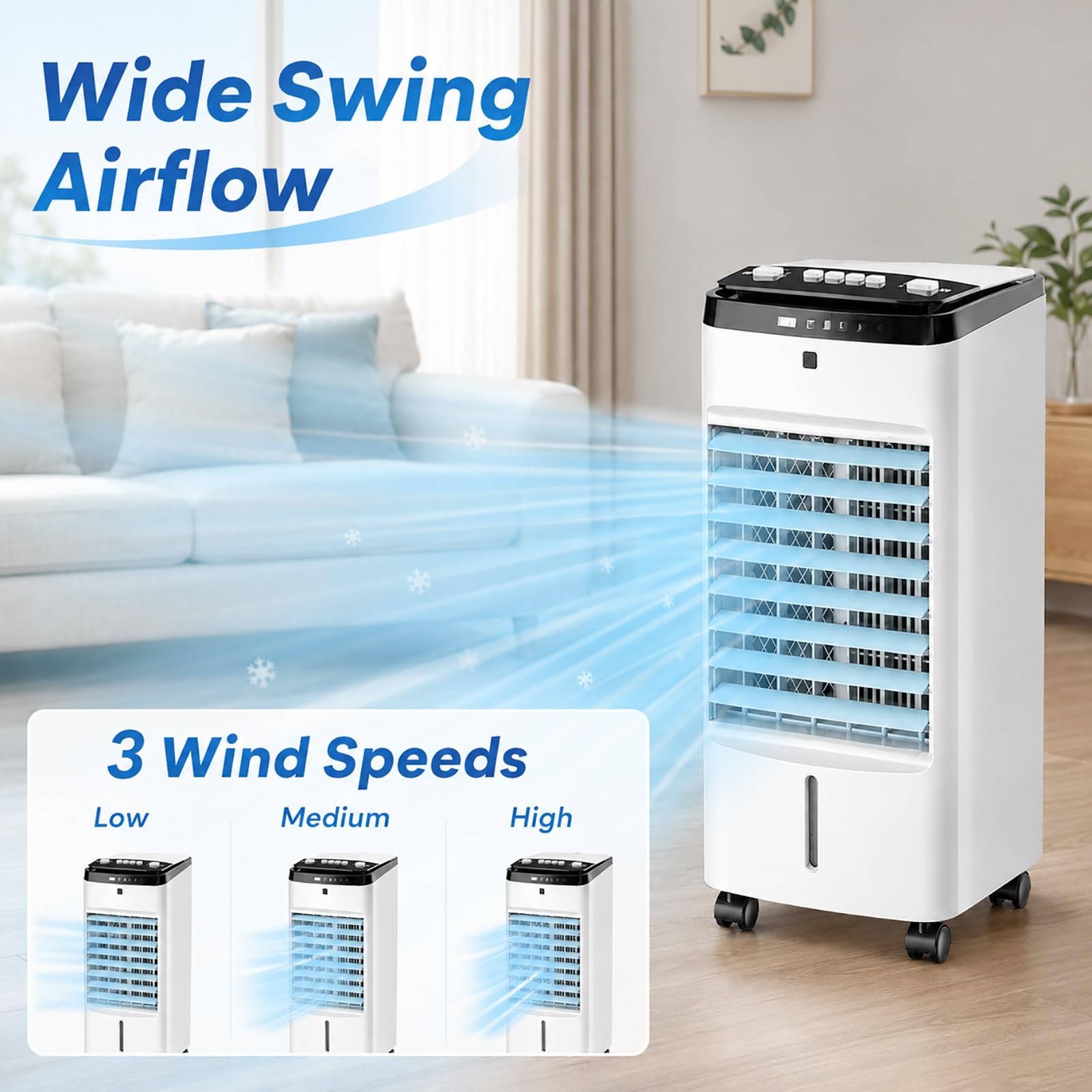 Enfriador de Aire con Ruedas, Climatizador Evaporativo Portátil con Depósito Agua, Ideal para Hogar, Oficina, Dormitorio