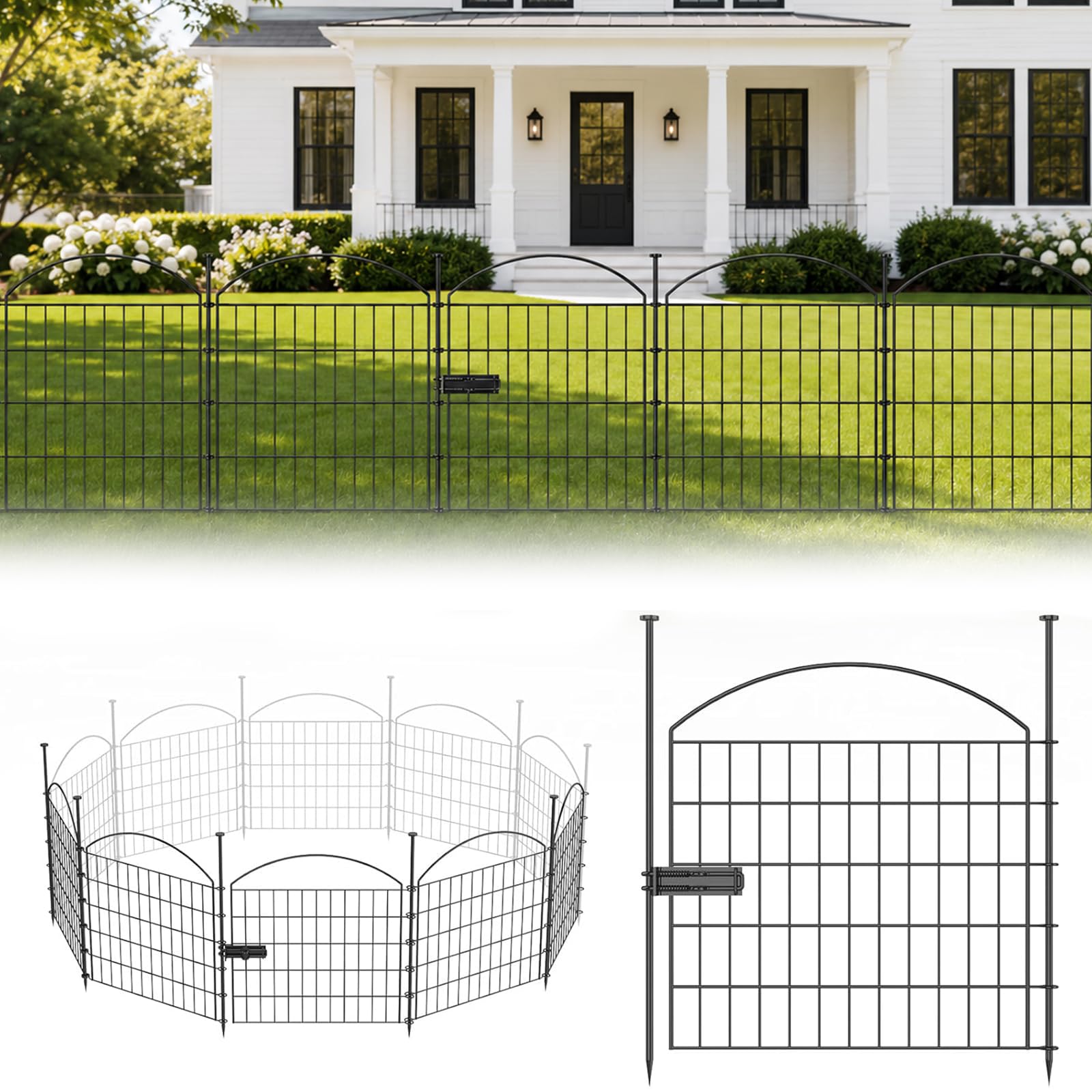 WUDLEP Garden Gate Fencing Panels Fence Barrier with Gate, 80H X 74W cm Rustproof Metal Fence Panels with 4 Panels and a Gate, Arched Black Flower Edging for Flower Bed, Patio