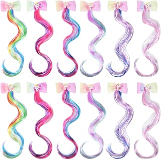 MTLEE 12 Pcs Unicorn Hair Extensions Clips for Girls Rainbow Colorful Bows Curly Hair Extensions Clips Cute Unicorn Accessories for Kids Christmas Birthday Gift, Princess Costume Dress Up, Party Favor