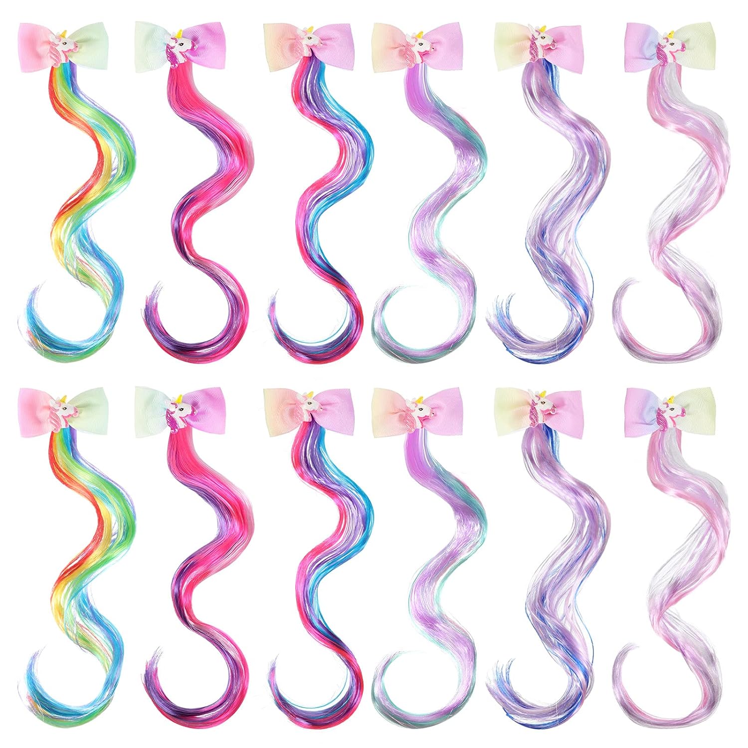 MTLEE 12 Pcs Unicorn Hair Extensions Clips for Girls Rainbow Colorful Bows Curly Hair Extensions Clips Cute Unicorn Accessories for Kids Christmas Birthday Gift, Princess Costume Dress Up, Party Favor