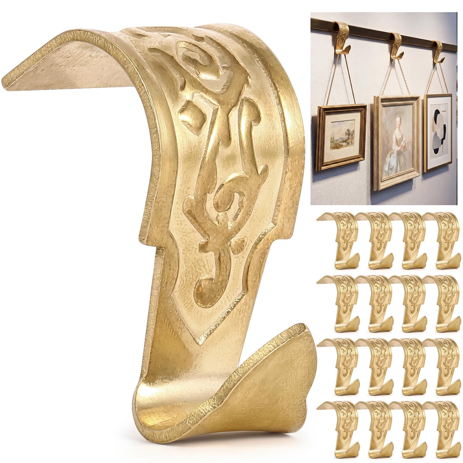 Moxweyeni 16 Pcs Thicken Picture Rail Hooks Heavy Duty Solid Brass Vintage Retro Molding Hooks Polished Lacquered Finish Picture Rail Hangers for Gallery Artwork Photos Display Hanging System (Brass)