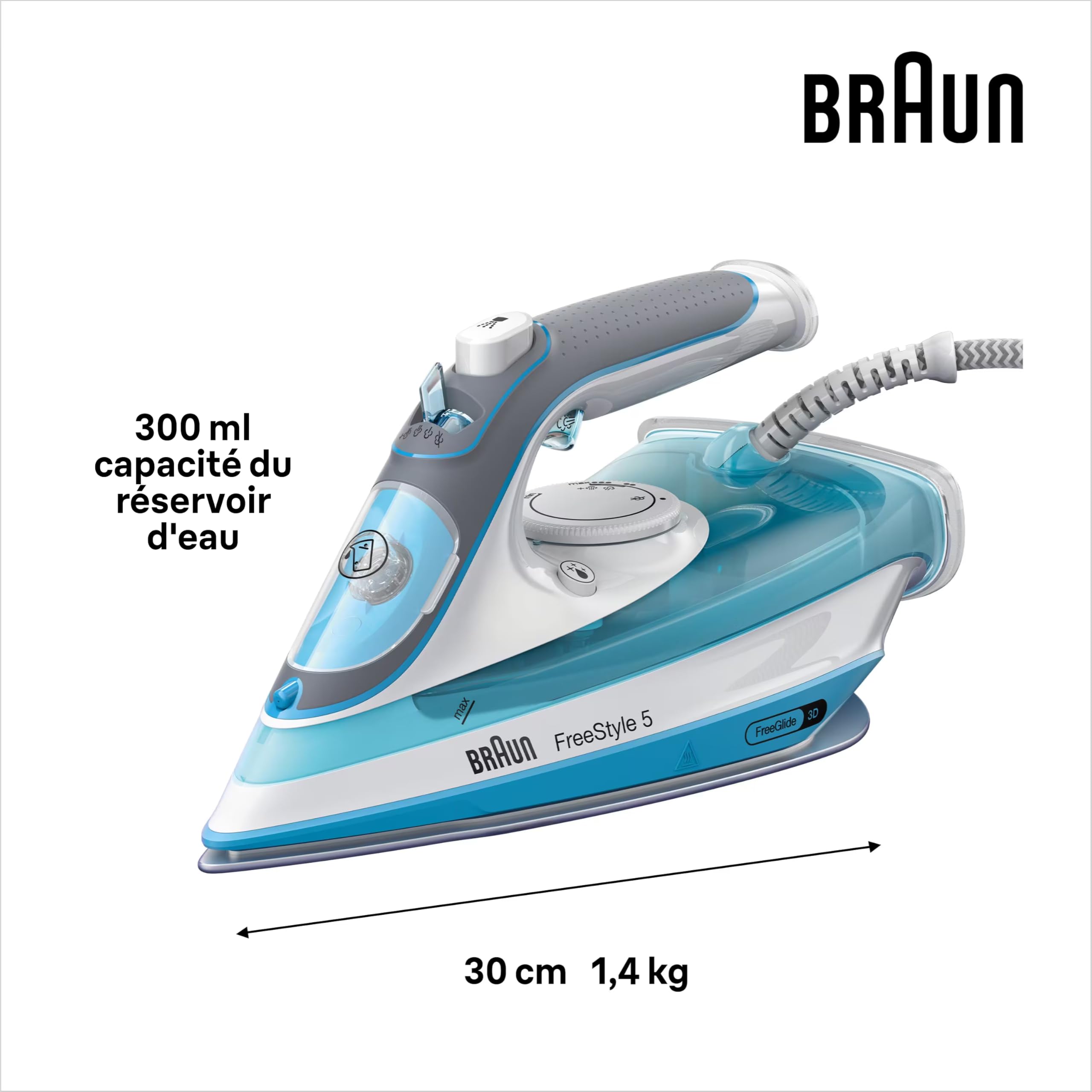 Braun Household Braun TexStyle 5 SI 5006 BL Steam Iron with FreeGlide 3D Ironing Sole, Vertical Steam, 2600 Watt, Steam Jet 180 g/min, 300 ml Water Tank, Azur