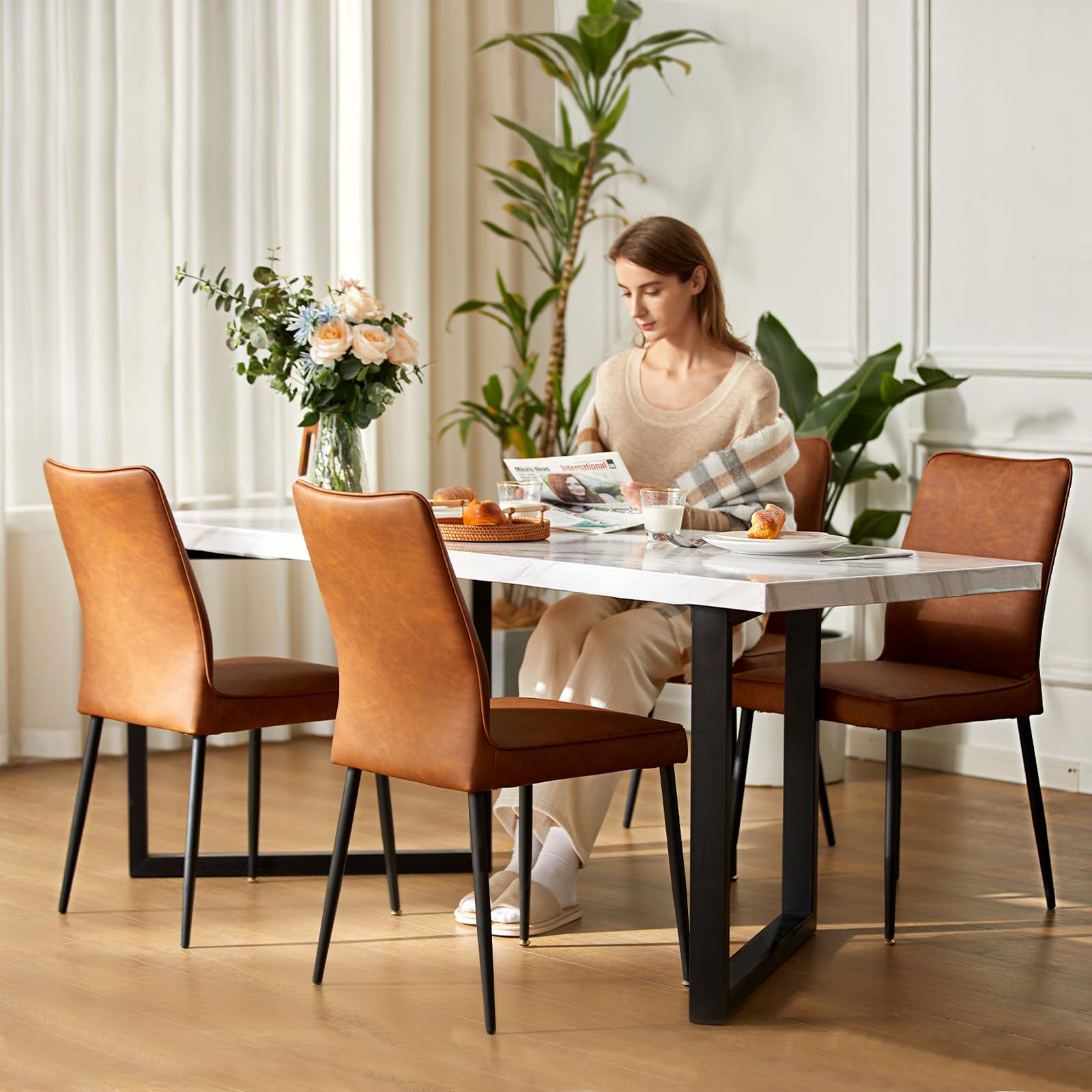 COLAMY Parsons Dining Chairs Set of 6, PU Leather Dining Room Chairs, Armless Upholstered Chair with Black Iron Legs for Home Kitchen Living Room, Brown, INCOMPLETE