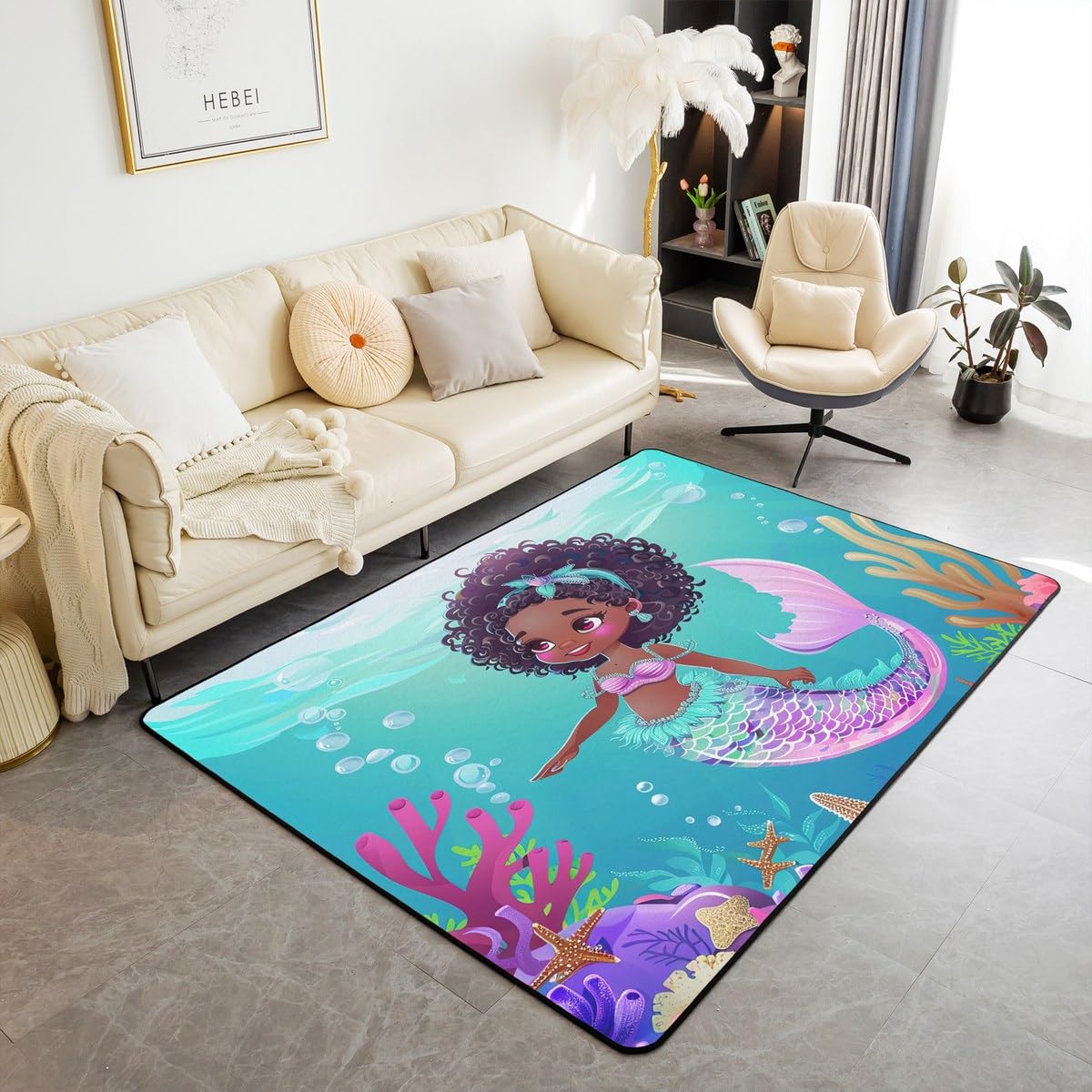 Erosebridal Black Mermaid Area Rug for Girls 3x5,Coastal Fish Scale Carpet for Youth Teens,African Afro Girls Living Room Rug,Summer Ocean Starfish
