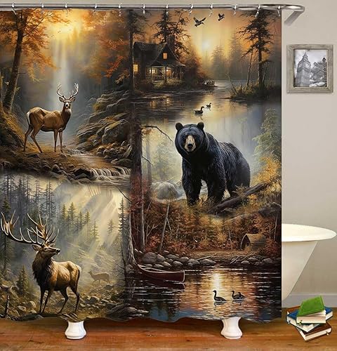 Miniatura 3 de Jayden & Madge - Juego de 4 cortinas de ducha de tela rústica con ciervos y oso de ciervo, árbol de otoño, animales salvajes, pato tranquilo, lago,
