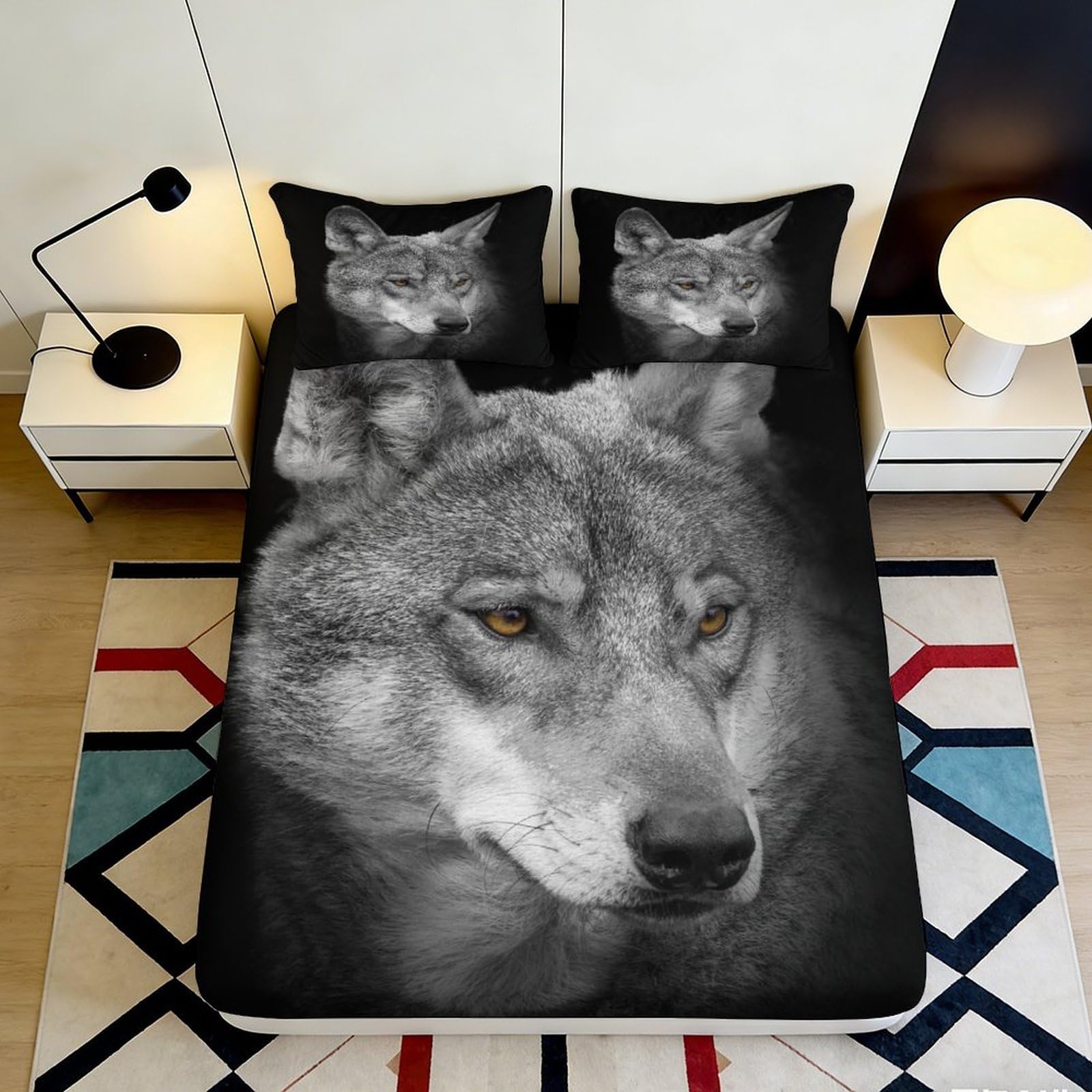 3D Printed Wolf Head Fitted Sheet Microfiber Black White Mattress Cover for Bedroom Guest Room Easy Care Dustproof Decor 90x200x25cm