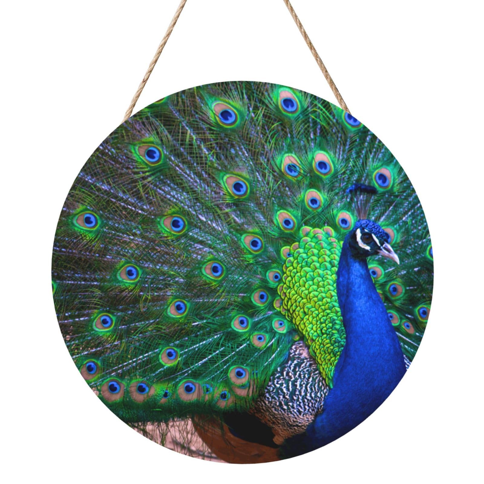 InOmak Beautiful Peacock, Round Wood Panel Painting 12 in, Wall Hanging Painting For Home