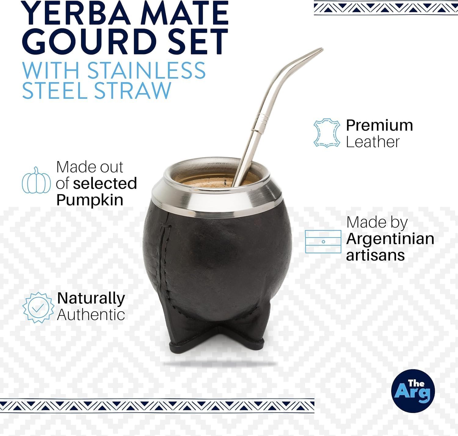Yerba Mate Gourd Set with Stainless Steel Straw | Handmade Leather Yerba Mate Cup and Bombilla Set from Argentina - Beach Essentials - Idea for Gifts | Travel Cup Mate