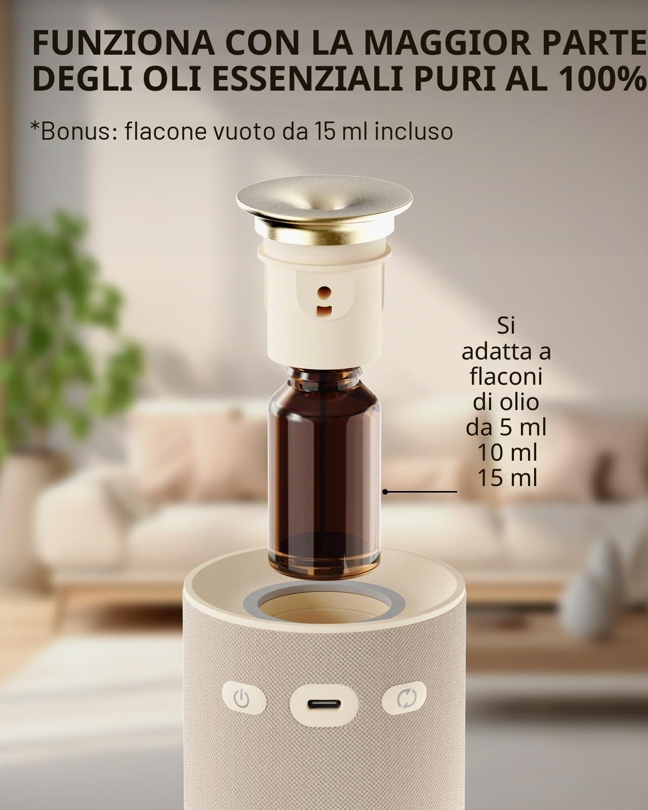 Diffusore di Oli Essenziali Senza Acqua – Nebulizzatore Aromaterapia Puro a Freddo Ricaricabile per Casa. Profumatore Ambiente Wireless con Design in Tessuto Premium e Batteria a Lunga Durata - Beige