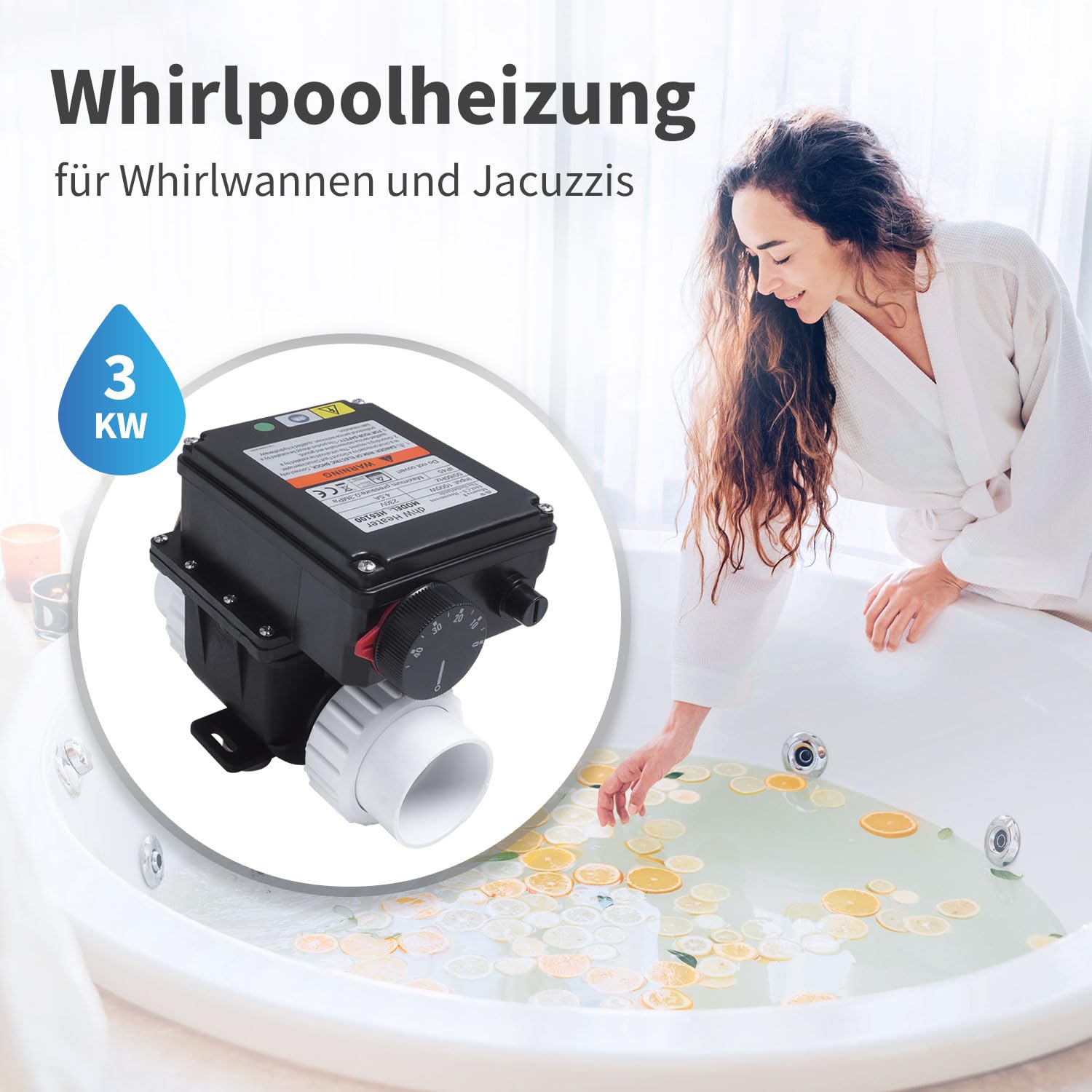 AQUADE Elektrische Whirlpool-Heizung 3 kW – Durchlauferhitzer für Spa, Außenwhirlpool & kleine Pools bis 1280L – Warmwasserbereiter mit Thermostat & Überhitzungsschutz