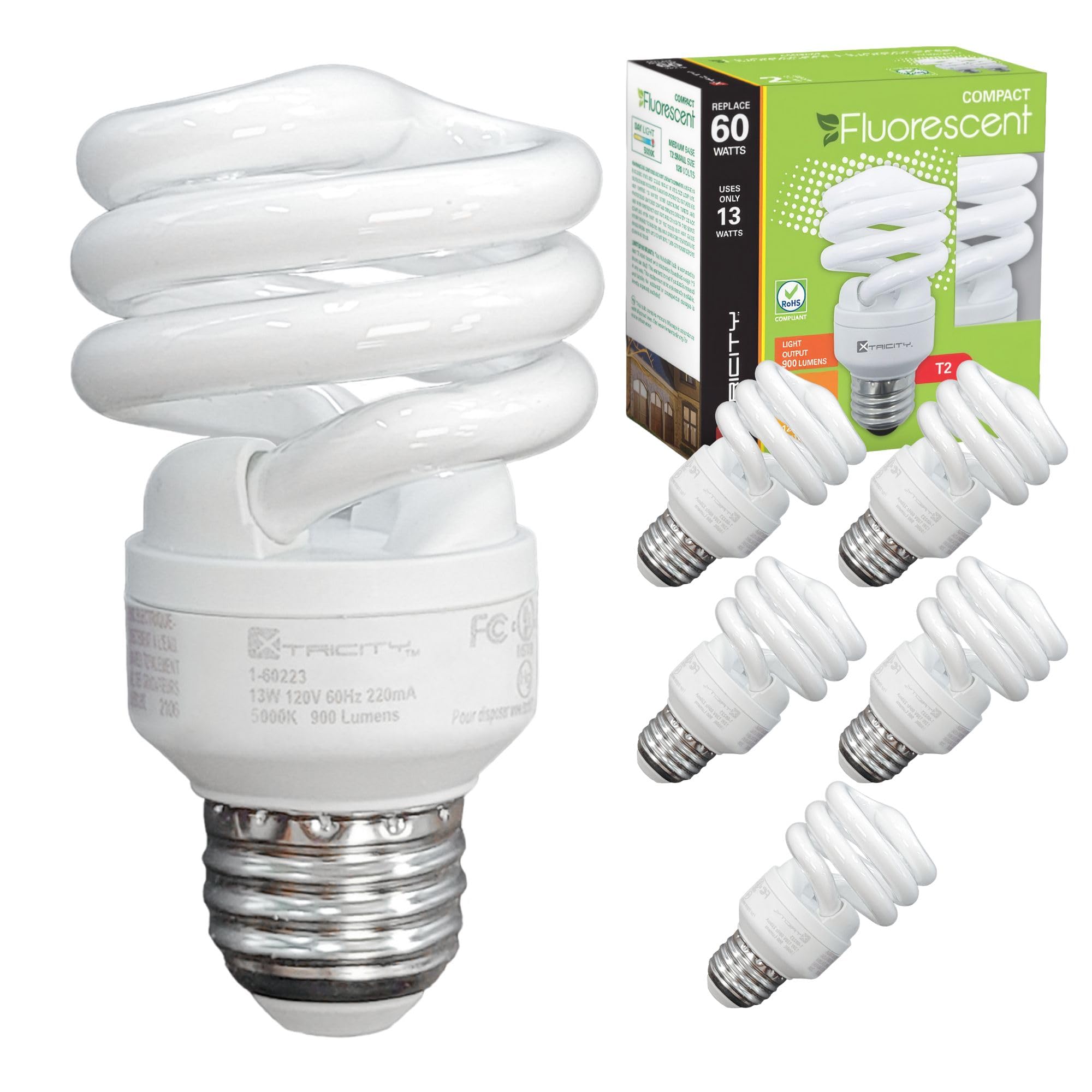 Xtricity Compact Fluorescent Light Bulbs T2 Spiral, E26 Base (6 Pack)