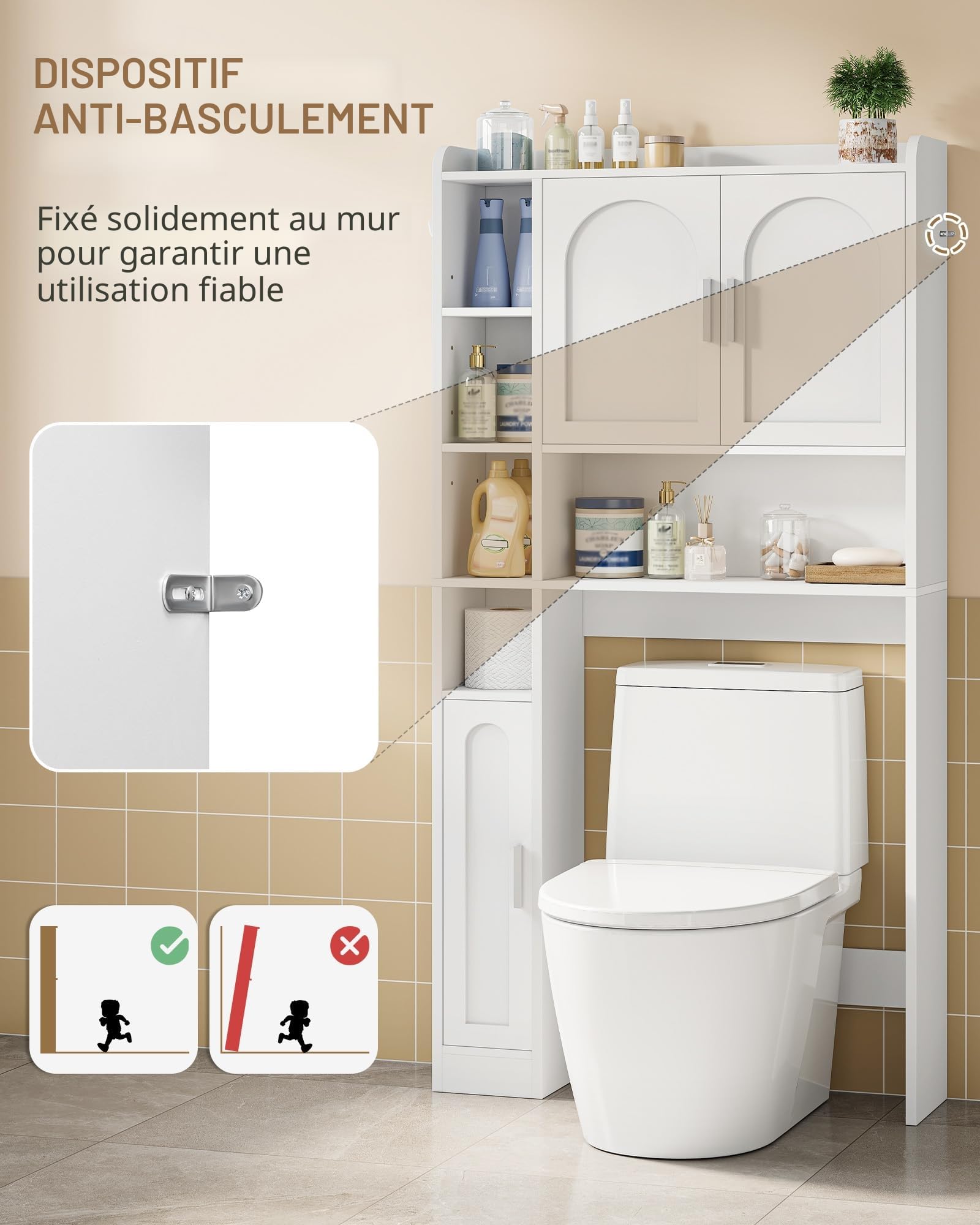 Hzuaneri Meuble Machine à Laver, Étagère de Toilettes sur Pied, Blanc | 2 Armoires, 5 Compartiments Ouverts, 3 Portes Meuble WC, Étagères Réglables, 24 x 82 x 170 cm, LR82003X