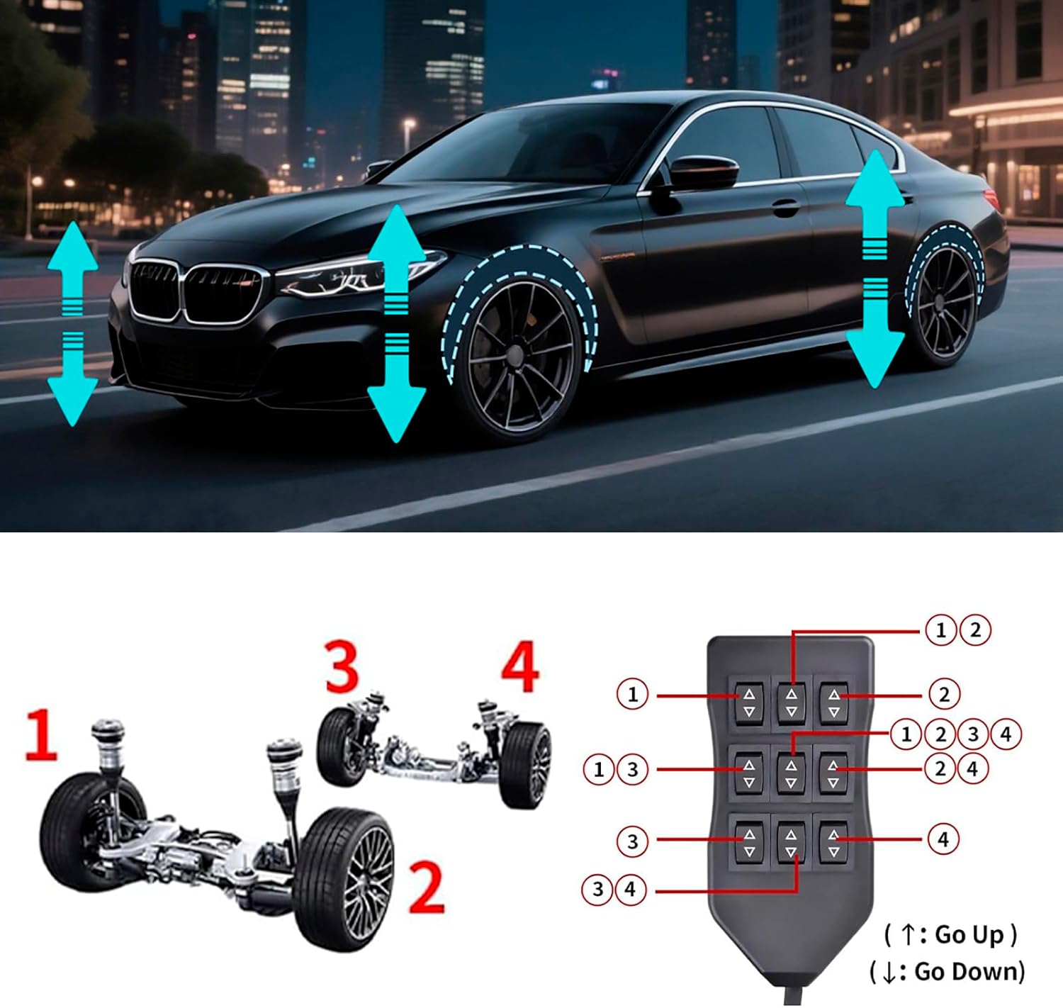 12V Air Management featuring 8-Valve Air Ride Suspension Manifold, with 16.5FT switch Wired Remote Controller and Five-Way White Display Air Pressure Gauges