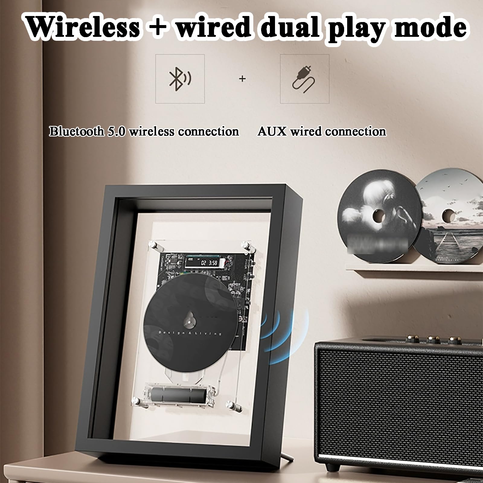 Lettore CD Decorativo, Cornice Musicale con Telecomando, Bluetooth 5.0/Uscita AUX 3,5 Mm, 2 Opzioni di Posizionamento, per Casa, Ufficio e Galleria