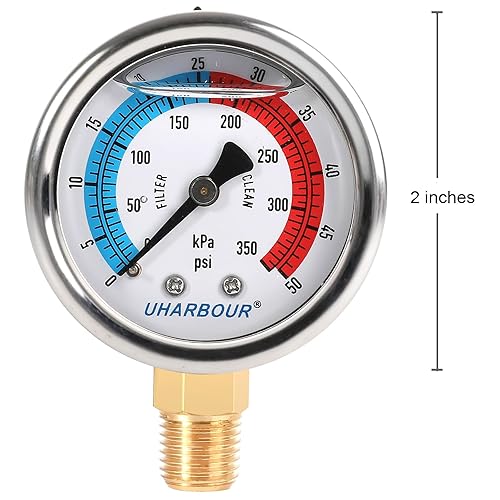 Miniatura 3 de UHARBOUR Medidor de presión de agua, medidor de presión de filtro de piscina relleno de glicerina 0-50 PSI350KPA, dial de 2 pulgadas y montaje