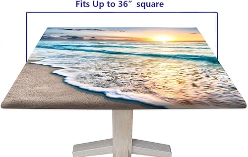 Miniatura 6 de Mantel ajustable cuadrado de verano con diseño de olas del océano, cubierta de mesa con borde elástico, resistente a las arrugas, para banquetes y