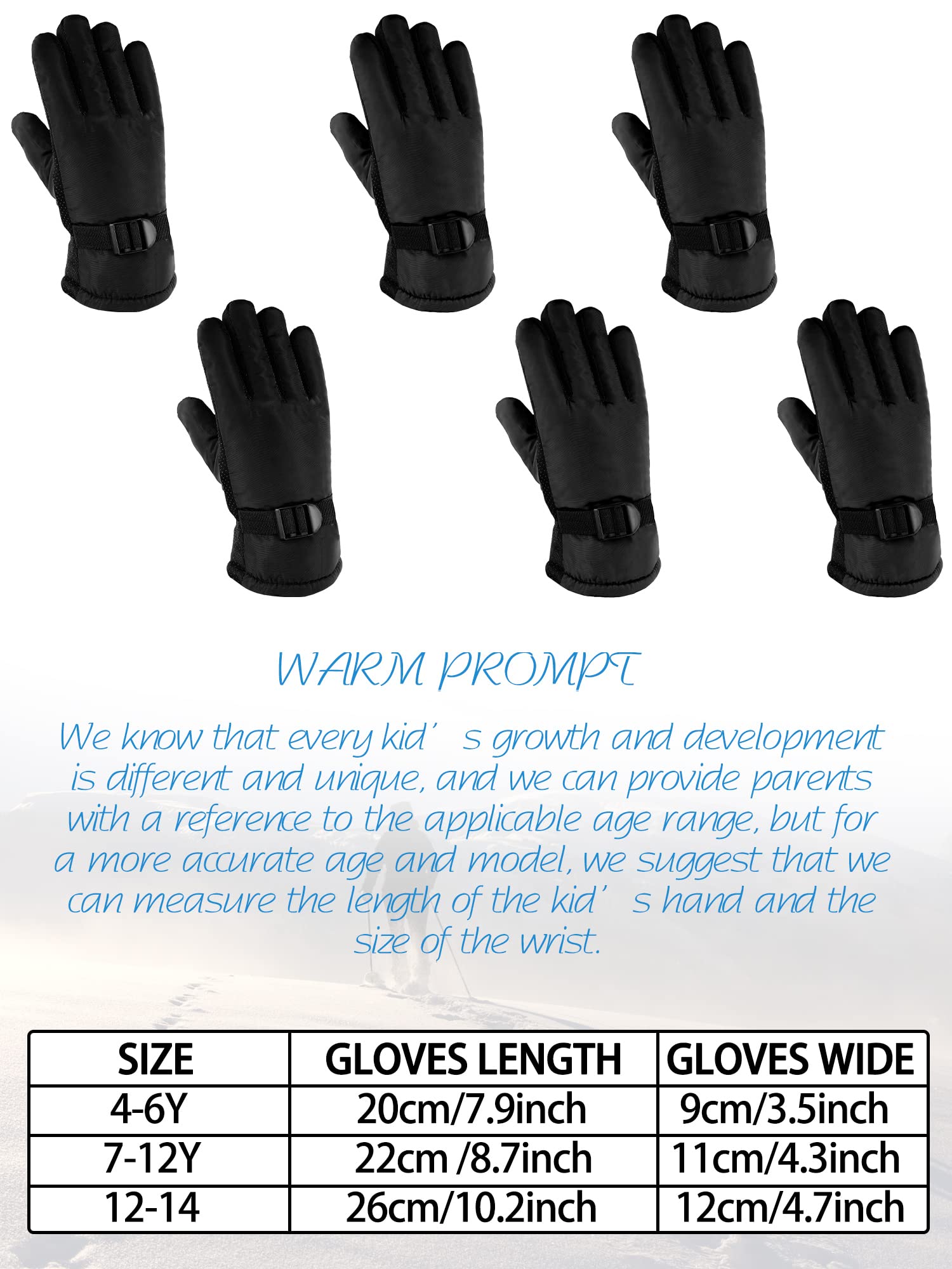 Boyiee 12 Paar Ski Handschuhe Winter Handschuhe Schnee Handschuhe wasserdichte Handschuhe für Kinder (Schwarz, 8-12 Jahre)