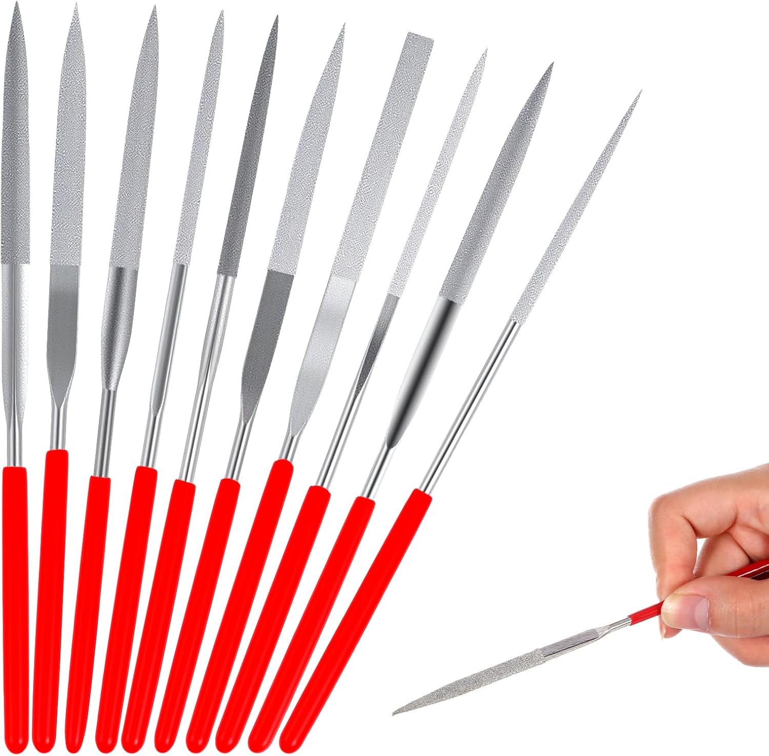 10 Pcs Needle Diamond File Set, 3×140mm Mini Glass File Jewelers Tools, Round Triangular Square Flat Shape Diamond Files Precision Hand Stone Carving Tools
