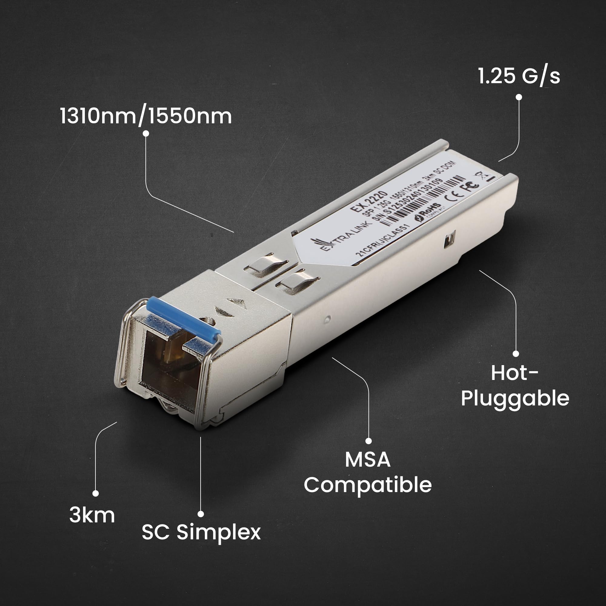 Extralink Modulo SFP WDM Singlemode 1,25G SC 1310/1550nm 3km Compatibile Ubiquiti UniFi Cisco Gigabit Ricetrasmettitore Switch Router
