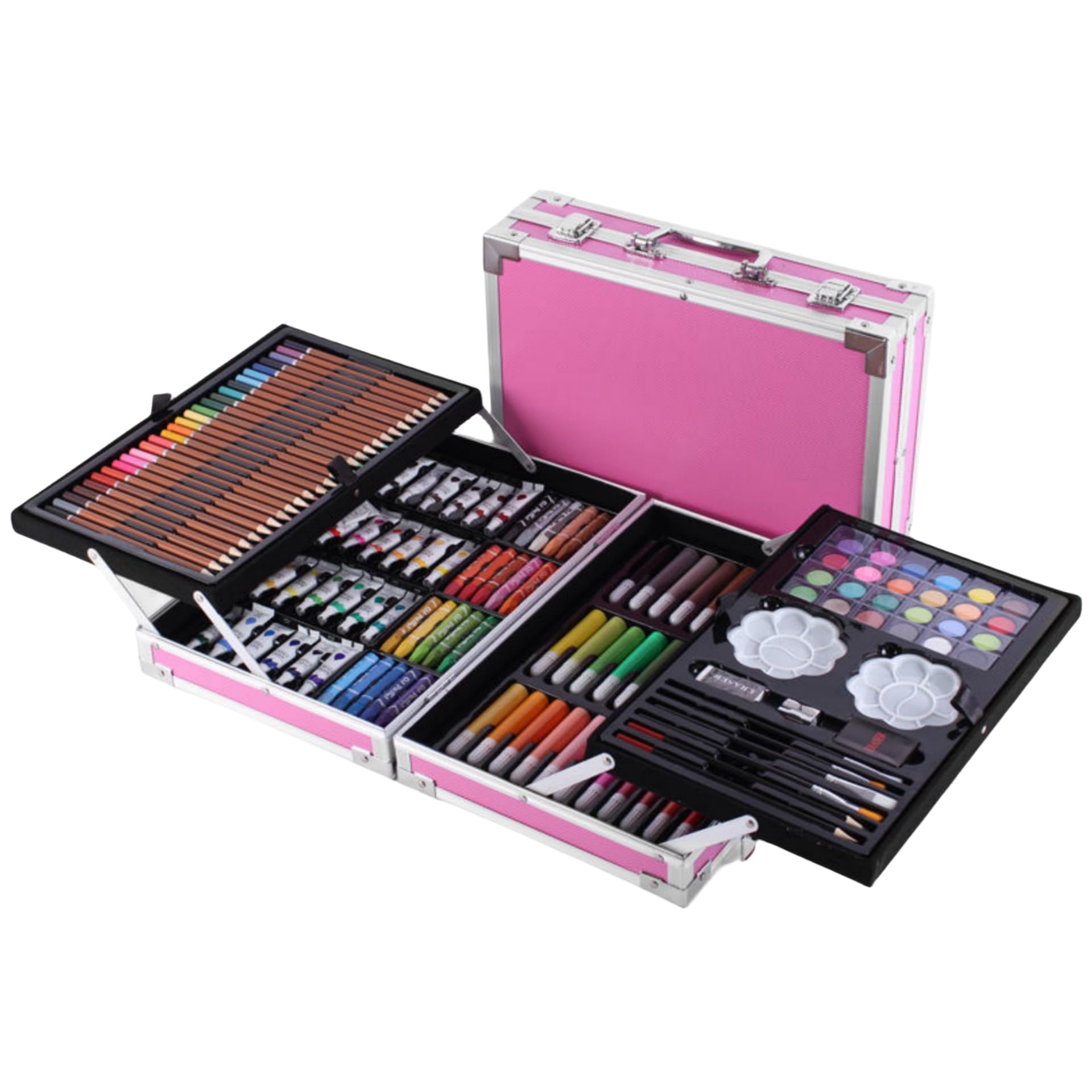 JDLYEVER 145Pcs Art Painting Watercolor Pen Set Children Gift Aluminum Box Double Layer Brush Set, Includes 28 Colored Pencils, 24 Watercolor Paints, 24 Oil Pastels, 33 Watercolor Pens Etc.